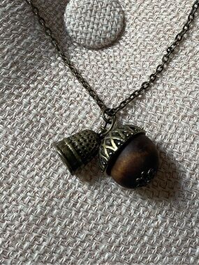 Antique Brass & Wood Peter Pan & Wendy Acorn & Thimble”Kiss” Pendant Necklace